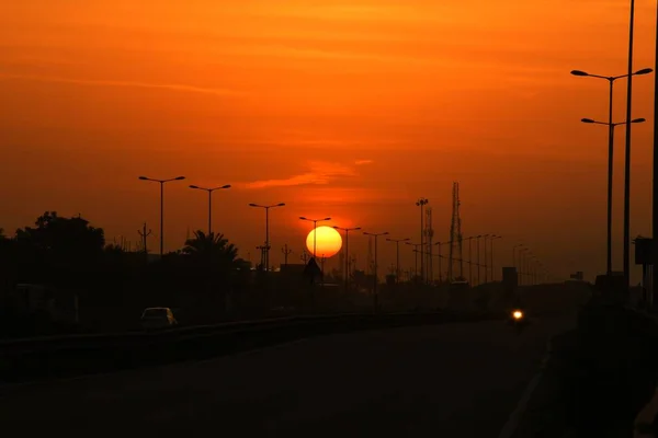 Vista Mattutina Alba Del Mattino Modello Lampione Sul Ponte — Foto Stock