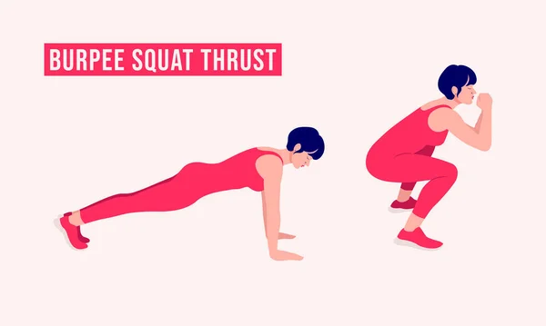 Burpee Squat Ώθηση Άσκηση Woman Προπόνηση Φυσικής Κατάστασης Αερόβια Και — Διανυσματικό Αρχείο