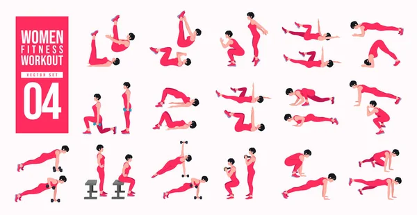Kadın egzersiz seti. Kadınlar egzersiz vektörü kümesi. Kadınlar spor yapıyor, yoga yapıyor. Akciğerler, şınav, Squats, Dumbbell sıraları, Burpee, yan tahtalar, Kalça köprüsü, bacak yükseltme, Rus Twist .vs.