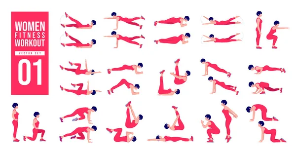 Kadın egzersiz seti. Kadınlar egzersiz vektörü kümesi. Kadınlar spor yapıyor, yoga yapıyor. Akciğerler, şınav, Squats, Dumbbell sıraları, Burpee, yan tahtalar, Kalça köprüsü, bacak yükseltme, Rus Twist .vs.