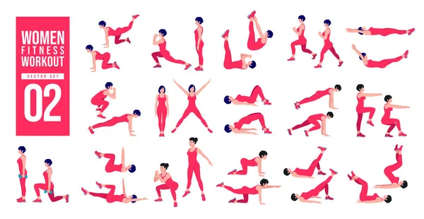 Kadın egzersiz seti. Kadınlar egzersiz vektörü kümesi. Kadınlar spor yapıyor, yoga yapıyor. Akciğerler, şınav, Squats, Dumbbell sıraları, Burpee, yan tahtalar, Kalça köprüsü, bacak yükseltme, Rus Twist .vs.