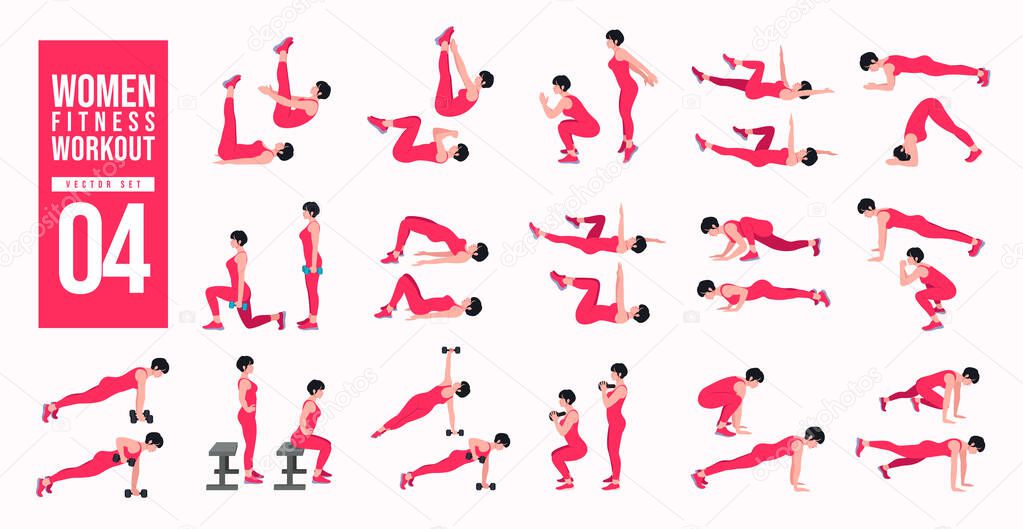 Women Workout Set. women exercise vector set. Women doing fitness and yoga exercises. Lunges, Pushups, Squats, Dumbbell rows, Burpees, Side planks, Glute bridge, Leg Raise, Russian Twist .etc