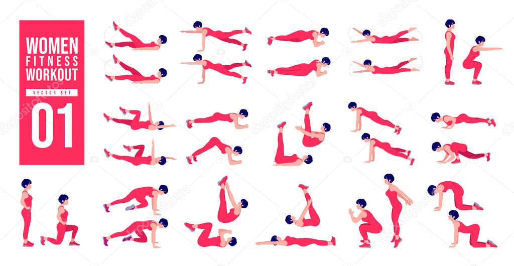 Women Workout Set. women exercise vector set. Women doing fitness and yoga exercises. Lunges, Pushups, Squats, Dumbbell rows, Burpees, Side planks, Glute bridge, Leg Raise, Russian Twist .etc