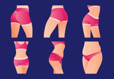 Set Of Perfect slim toned young body of the girl. sporty woman in sportswear, shorts butt icon for mobile apps, slim body, vector illustration.