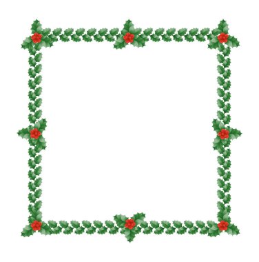  Yeşil yapraklar ve kırmızı böğürtlenlerle dolu kutsal Noel sınırı. Holly ile Noel çerçevesi. Vektör illüstrasyonu.