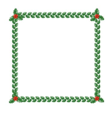  Yeşil yapraklar ve kırmızı böğürtlenlerle dolu kutsal Noel sınırı. Holly ile Noel çerçevesi. Vektör illüstrasyonu.