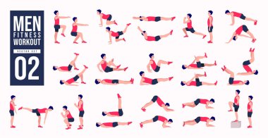Erkekler Antrenman seti. Erkekler egzersiz vektörü ayarlandı. Erkekler spor yapıyor, yoga yapıyor. Akciğerler, şınav, Squats, Dumbbell sıraları, Burpee, yan tahtalar, Kalça köprüsü, bacak yükseltme, Rus Twist .vs.