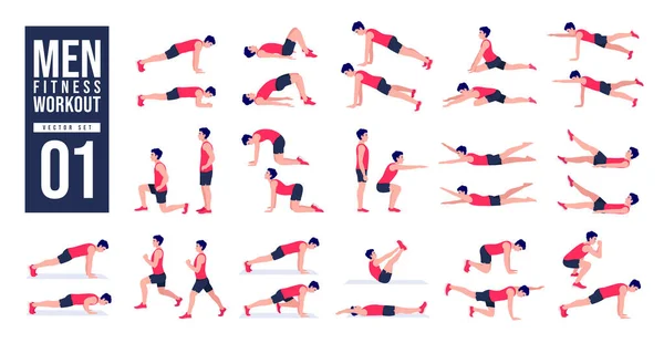 Erkekler Antrenman seti. Erkekler egzersiz vektörü ayarlandı. Erkekler spor yapıyor, yoga yapıyor. Akciğerler, şınav, Squats, Dumbbell sıraları, Burpee, yan tahtalar, Kalça köprüsü, bacak yükseltme, Rus Twist .vs.