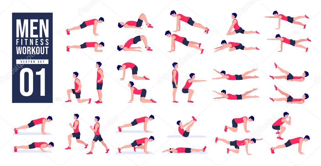 Men Workout Set. Men exercise vector set. Men doing fitness and yoga exercises. Lunges, Pushups, Squats, Dumbbell rows, Burpees, Side planks, Glute bridge, Leg Raise, Russian Twist .etc