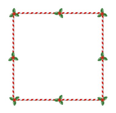  Yeşil yapraklar ve kırmızı böğürtlenlerle dolu kutsal Noel sınırı. Holly ile Noel çerçevesi. Vektör illüstrasyonu.