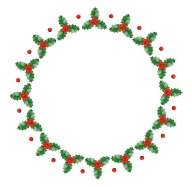  Yeşil yapraklar ve kırmızı böğürtlenlerle dolu kutsal Noel sınırı. Holly ile Noel çerçevesi. Vektör illüstrasyonu.