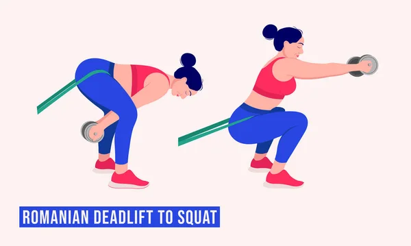 Roemeense Deadlift Naar Squat Oefening Vrouw Fitness Aerobic Oefeningen Vector — Stockvector