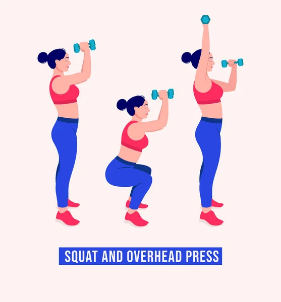Squat Overhead Press Exercise Woman Workout Fitness Aerobic Exercises Vector — Stock Vector