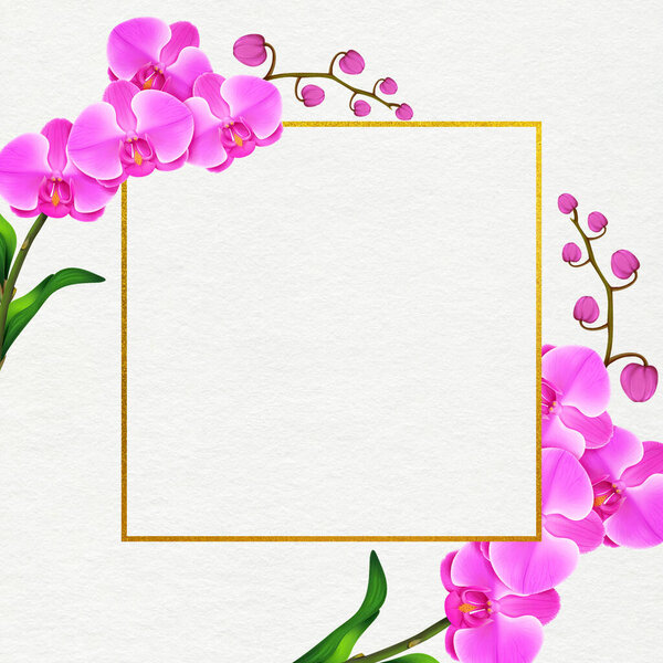 Premium свадебное приглашение Шаблон орхидеи цветы и листья с золотисто-желтой рамкой. Приглашение на свадьбу, благодарственная открытка, прибереги карточки с датами. Приглашение на свадьбу.