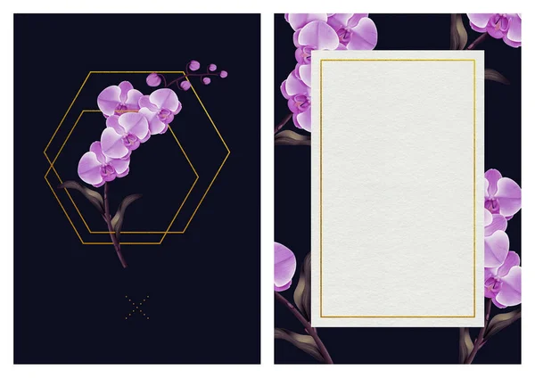 Premium Wedding invitation Template of Orchid flowers and leaves with golden yellow frame. Wedding invitation, thank you card, save the date cards. Wedding invitation.