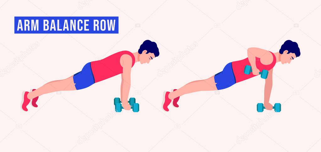 Arm Balance Row exercise, Men workout fitness, aerobic and exercises. Vector Illustration.