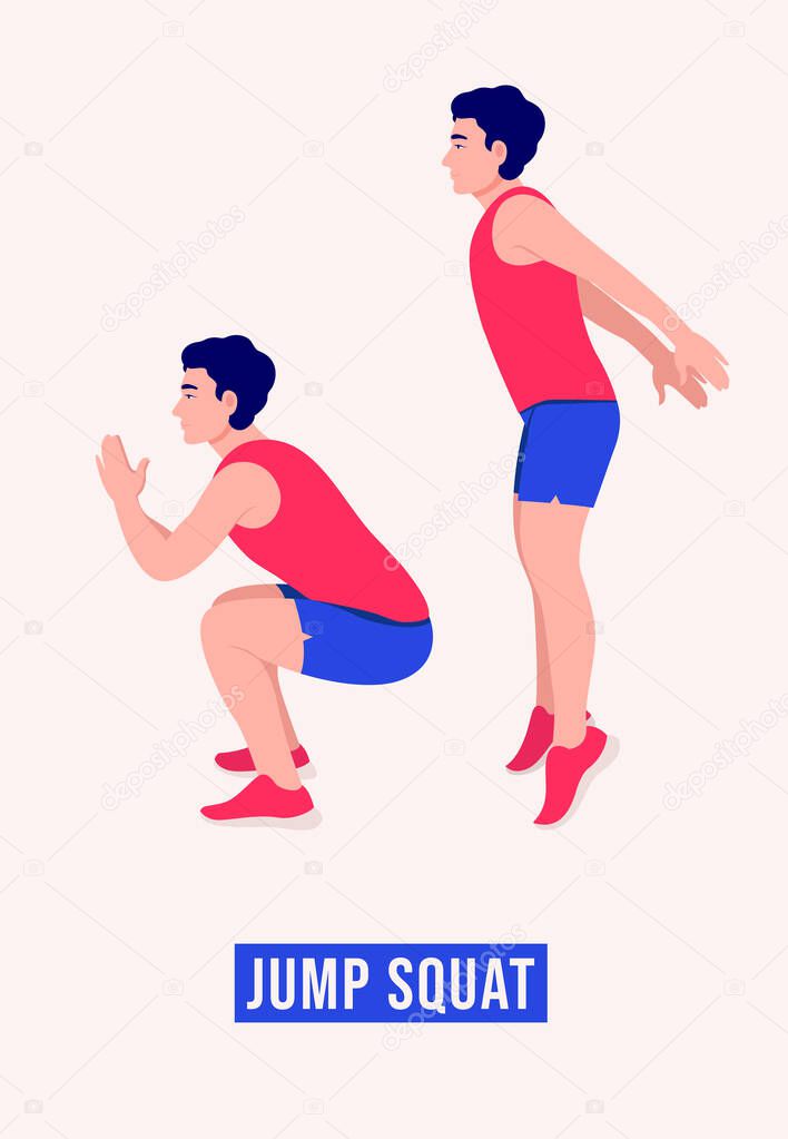 Jump Squat exercise, Men workout fitness, aerobic and exercises. Vector Illustration.