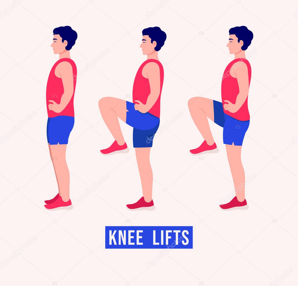 Knee Lifts exercise, Men workout fitness, aerobic and exercises. Vector Illustration.
