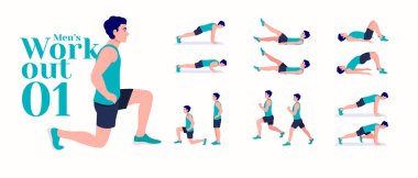 Erkekler Antrenman seti. Erkekler egzersiz vektörü ayarlandı. Erkekler spor yapıyor, yoga yapıyor. Akciğerler, şınav, Squats, Dumbbell sıraları, Burpee, yan tahtalar, Kalça köprüsü, bacak yükseltme, Rus Twist .vs.