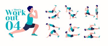 Erkekler Antrenman seti. Erkekler egzersiz vektörü ayarlandı. Erkekler spor yapıyor, yoga yapıyor. Akciğerler, şınav, Squats, Dumbbell sıraları, Burpee, yan tahtalar, Kalça köprüsü, bacak yükseltme, Rus Twist .vs.