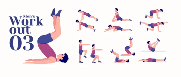 Erkekler Antrenman seti. Erkekler egzersiz vektörü ayarlandı. Erkekler spor yapıyor, yoga yapıyor. Akciğerler, şınav, Squats, Dumbbell sıraları, Burpee, yan tahtalar, Kalça köprüsü, bacak yükseltme, Rus Twist .vs.
