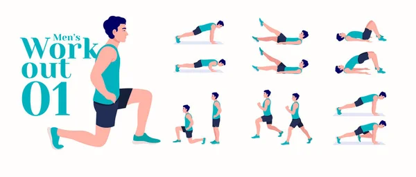 Erkekler Antrenman seti. Erkekler egzersiz vektörü ayarlandı. Erkekler spor yapıyor, yoga yapıyor. Akciğerler, şınav, Squats, Dumbbell sıraları, Burpee, yan tahtalar, Kalça köprüsü, bacak yükseltme, Rus Twist .vs.