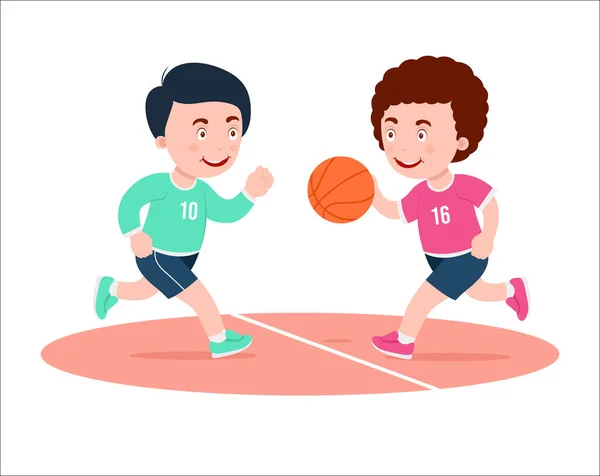 Kids Playing Basket Ball Basket Ball Court Vector Illustration — Stock Vector