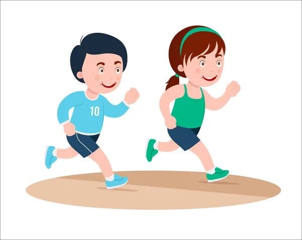 Two Kids Running Stadium Track Smiling Children Running Marathon Together — Stock Vector