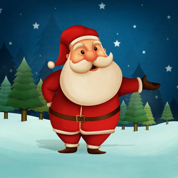 メリークリスマス 可愛いサンタクロース イラストInブルークリスマス雪景色 — ストック写真