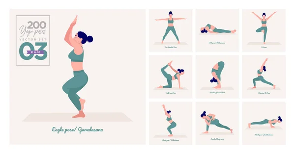 Conjunto Poses Ioga Jovem Praticando Pose Yoga Aptidão Treino Mulher — Vetor de Stock