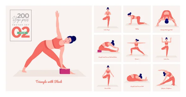 Conjunto Poses Ioga Jovem Praticando Pose Yoga Aptidão Treino Mulher —  Vetores de Stock