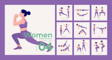 Kadın egzersiz seti. Kadınlar spor yapıyor, yoga yapıyor. Akciğerler, şınav, Squats, Dumbbell sıraları, Burpee, Side tahta, Situp, Glute köprüsü, Leg Raise, Russian Twist, Side Crunch .vs.