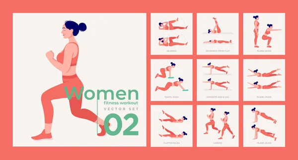 Vrouwen Trainingsset Vrouwen Die Fitness Yoga Oefeningen Doen Lunges Pushups — Stockvector