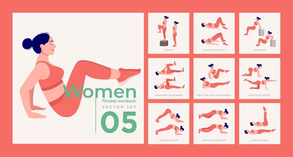 Vrouwen Trainingsset Vrouwen Die Fitness Yoga Oefeningen Doen Lunges Pushups — Stockvector