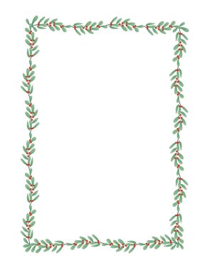 Yeşil yapraklar ve kırmızı böğürtlenlerle dolu kutsal Noel sınırı. Holly ile Noel çerçevesi. Vektör illüstrasyonu.
