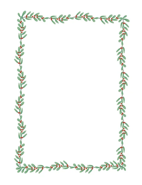 Yeşil yapraklar ve kırmızı böğürtlenlerle dolu kutsal Noel sınırı. Holly ile Noel çerçevesi. Vektör illüstrasyonu.