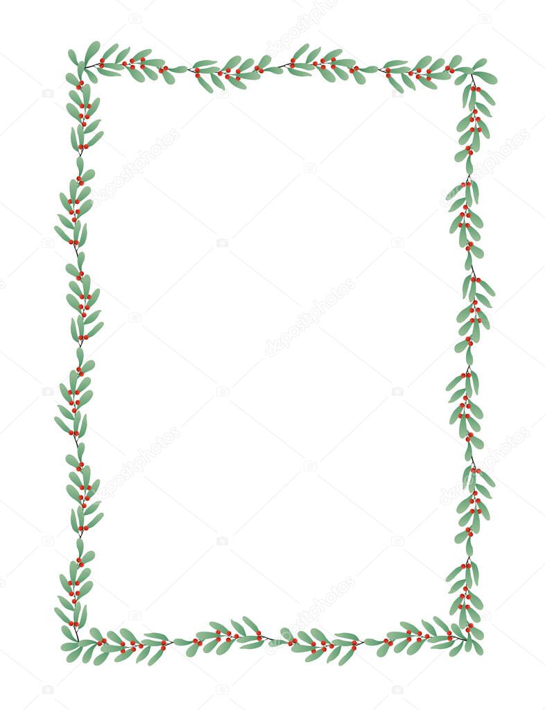 Holly Christmas border with green leaves and red berries. Christmas frame with holly. Vector illustration.