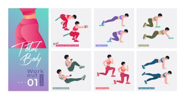 Kadın egzersiz seti. Kadınlar spor yapıyor, yoga yapıyor. Akciğerler, şınav, Squats, Dumbbell sıraları, Burpee, Side tahta, Situp, Glute köprüsü, Leg Raise, Russian Twist, Side Crunch .vs.