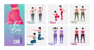 Kadın egzersiz seti. Kadınlar spor yapıyor, yoga yapıyor. Akciğerler, şınav, Squats, Dumbbell sıraları, Burpee, Side tahta, Situp, Glute köprüsü, Leg Raise, Russian Twist, Side Crunch .vs.
