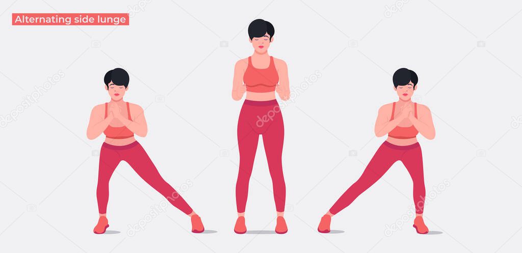 Alternating side lunge exercise, Women workout fitness, aerobic and exercises. Vector Illustration.