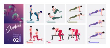 Aptal egzersiz seti. Kadınlar spor yapıyor, yoga yapıyor. Akciğerler, şınav, Squats, Dumbbell sıraları, Burpee, Side tahta, Situp, Glute köprüsü, Leg Raise, Russian Twist, Side Crunch .vs.