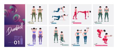 Aptal egzersiz seti. Kadınlar spor yapıyor, yoga yapıyor. Akciğerler, şınav, Squats, Dumbbell sıraları, Burpee, Side tahta, Situp, Glute köprüsü, Leg Raise, Russian Twist, Side Crunch .vs.