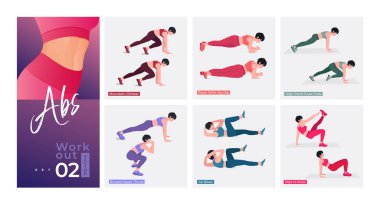 Abs Antrenman seti. Kadınlar spor yapıyor, yoga yapıyor. Akciğerler, şınav, Squats, Dumbbell sıraları, Burpee, Side tahta, Situp, Glute köprüsü, Leg Raise, Russian Twist, Side Crunch .vs.