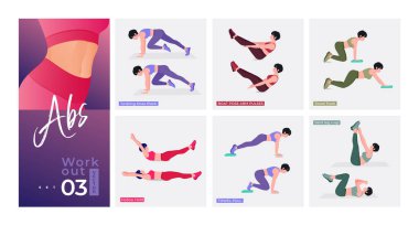 Abs Antrenman seti. Kadınlar spor yapıyor, yoga yapıyor. Akciğerler, şınav, Squats, Dumbbell sıraları, Burpee, Side tahta, Situp, Glute köprüsü, Leg Raise, Russian Twist, Side Crunch .vs.