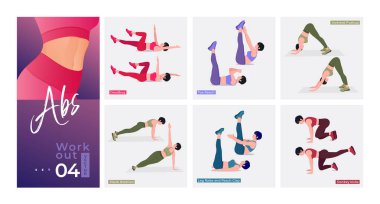 Abs Antrenman seti. Kadınlar spor yapıyor, yoga yapıyor. Akciğerler, şınav, Squats, Dumbbell sıraları, Burpee, Side tahta, Situp, Glute köprüsü, Leg Raise, Russian Twist, Side Crunch .vs.