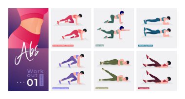 Abs Antrenman seti. Kadınlar spor yapıyor, yoga yapıyor. Akciğerler, şınav, Squats, Dumbbell sıraları, Burpee, Side tahta, Situp, Glute köprüsü, Leg Raise, Russian Twist, Side Crunch .vs.