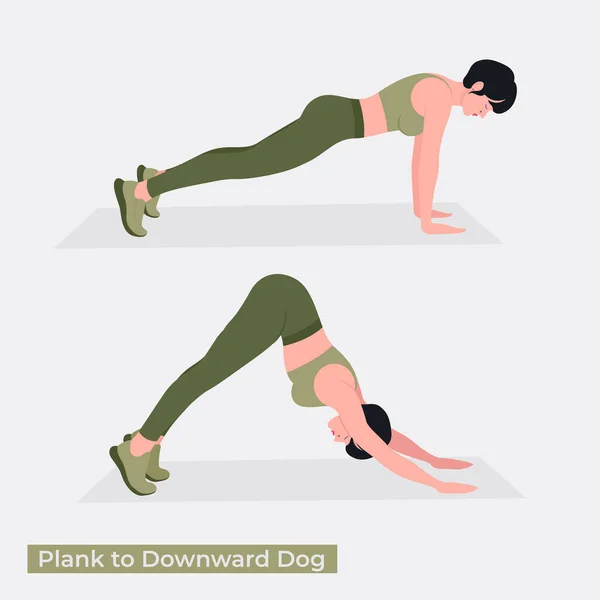 Plank Tan Downward Dog Egzersizine Kadın Spor Egzersizleri Aerobik Egzersizler — Stok Vektör