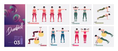 Aptal egzersiz seti. Kadınlar spor yapıyor, yoga yapıyor. Akciğerler, şınav, Squats, Dumbbell sıraları, Burpee, Side tahta, Situp, Glute köprüsü, Leg Raise, Russian Twist, Side Crunch .vs.