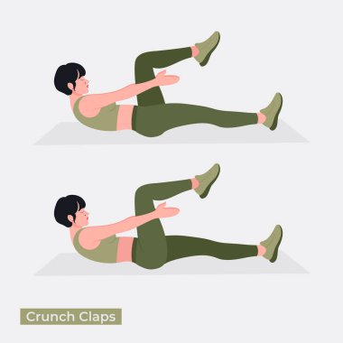 Crunch Claps egzersizleri, kadın spor egzersizleri, aerobik ve egzersizler. Vektör İllüstrasyonu.