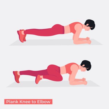 Plank Diz 'den Dirsek Egzersizi, Kadın Spor Sporu, Aerobik ve Egzersiz. Vektör İllüstrasyonu.